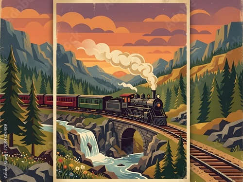 Colorful mountain railway train journey scenic.
