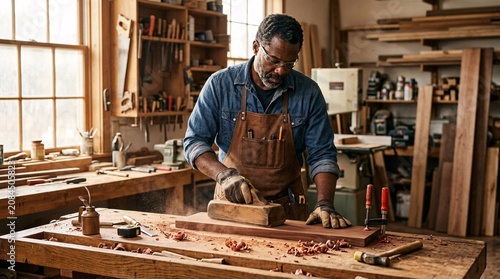 Skilled carpenter wears a denim shirt and leather apron while sanding a beautiful piece of rich mahogany wood on a heavy oak workbench.