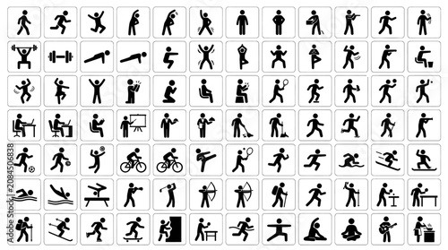 Collection of forty-eight minimalist human activity and sports pictogram icons.