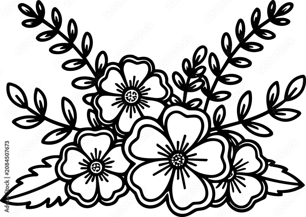 Fototapeta premium Elegant Floral Arrangement Vector Illustration - Black and White Line Art Flowers and Leaves