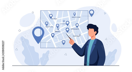 Man presenting healthcare locations on a map, illustrating medical facility planning and research