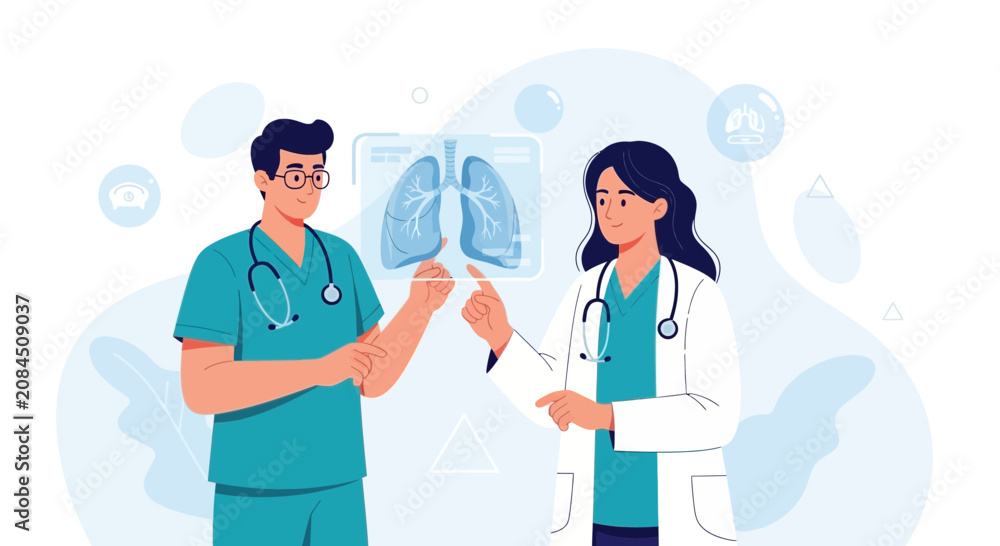 Fototapeta premium Doctors Discussing Lungs X-ray Scan on Digital Screen, Medical Consultation, Healthcare Teamwork