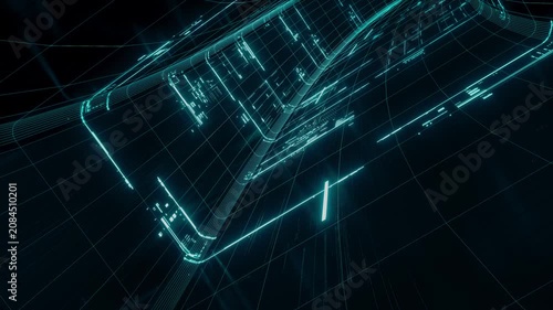 Futuristic Digital Circuit Grid Tunnel Loop, Cyan Cyberpunk Data Wireframe Seamless Background