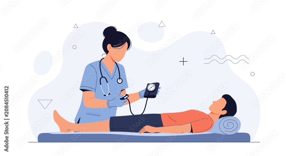 Fototapeta premium Nurse measuring patient's blood pressure with a sphygmomanometer in a modern flat illustration style