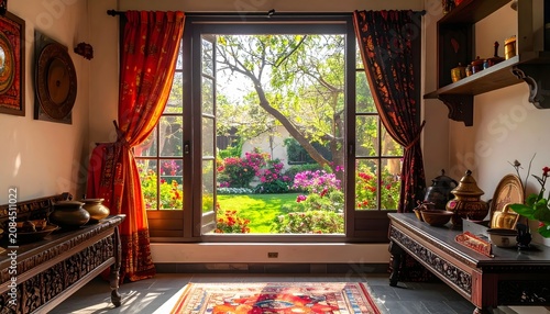Cozy living room with large window view of garden.