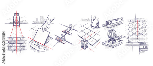 Foto Tile installation laser level set illustrating steps for home renovation, tiling floor, wall brickwork alignment, using trowel, leveling wedges, spirit level, and kitchen backsplash line art sketches
