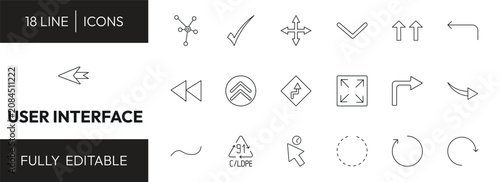 user interface outline icon set. data interconnected, right, up side, left reverse curve and more. linear vector collection. editable stroke