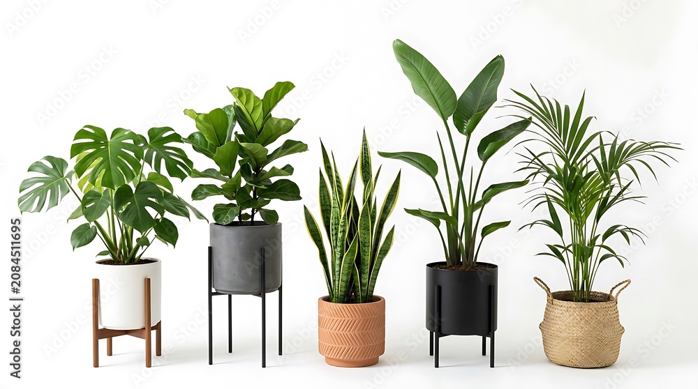 Fototapeta premium Variety of potted houseplants on stands.