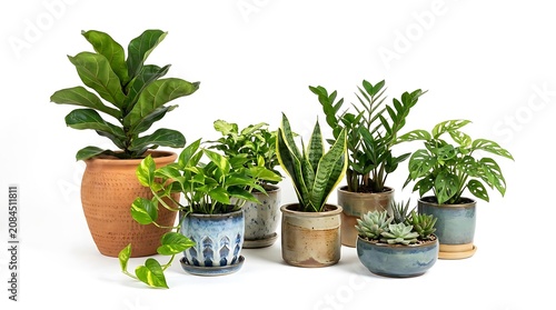 Variety of Potted Houseplants on White.