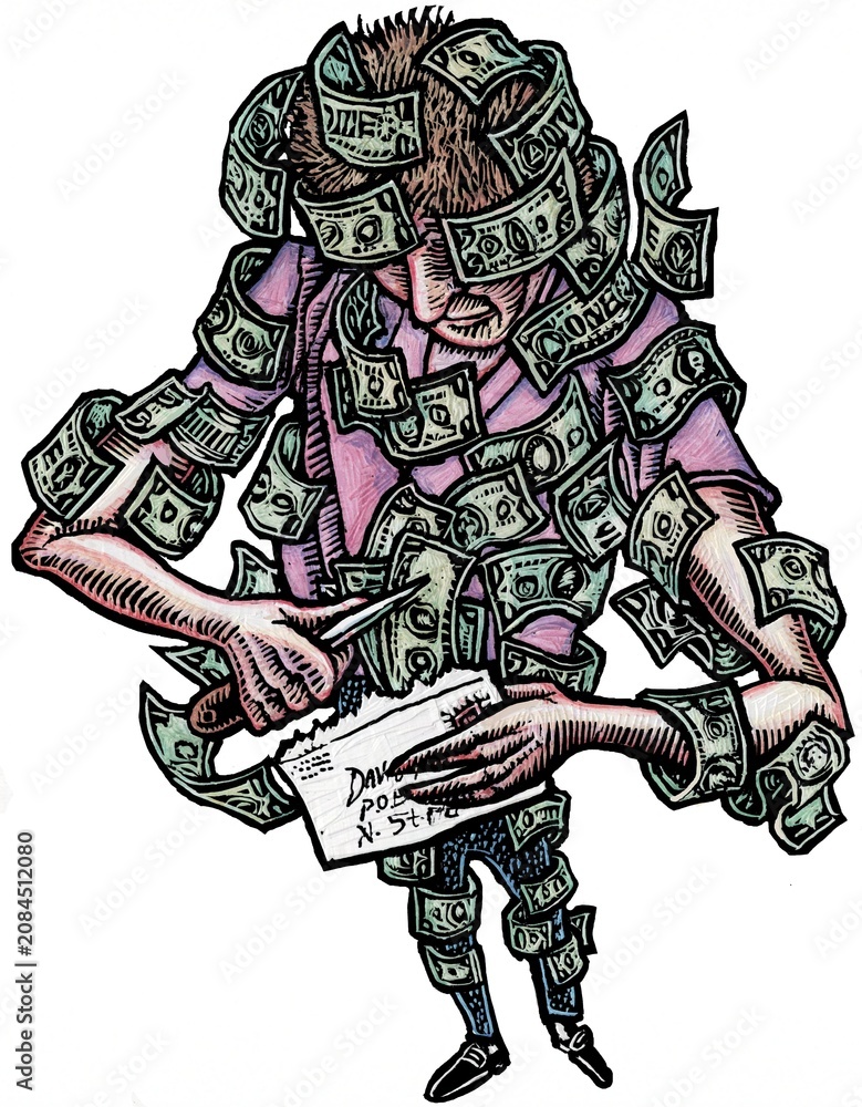 Φωτογραφία man opening envelope, lots of small dollars come out and swarm him