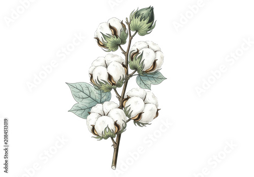 detailed vintage botanical illustration of a cotton branch (gossypium) with fluffy white bolls and pale sage leaves against a stark white background with copy space. concept of scientific elegance