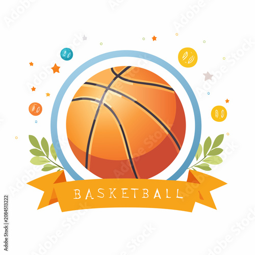 Basketball badge with blue circle, orange ribbon, and leaves.