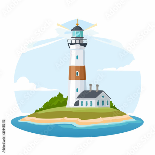 Coastal lighthouse station with buildings on green islet.