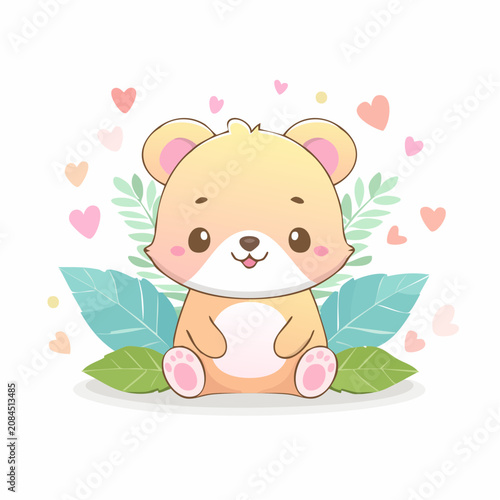 Cute cartoon bear surrounded by pink hearts and leaves.