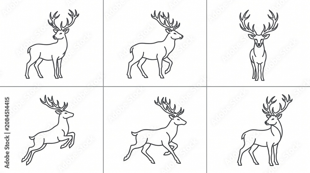 Fototapeta premium Minimalist deer line art set vector illustration, stylized stag in different poses isolated on white background