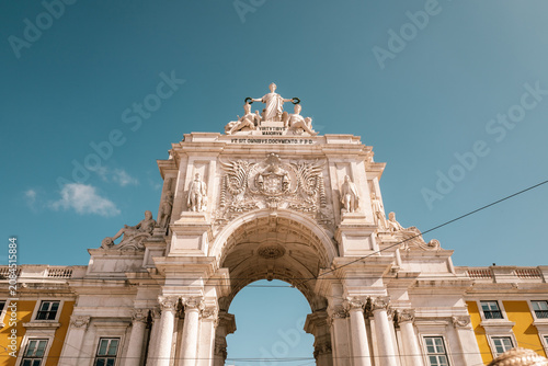 Lisbon, Portugal, Rua Augusta Arch , famous triumphal arch with statue on the top