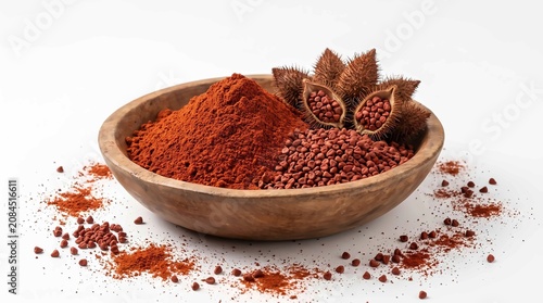 Vibrant annatto powder and raw seeds inside a rustic wooden bowl on a white background