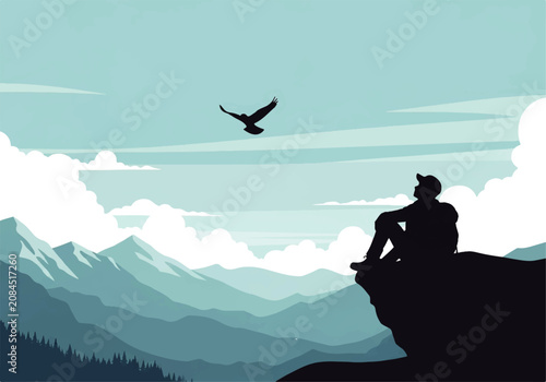 Photos Vector flat design illustration of a lone figure contemplating vast mountain ran