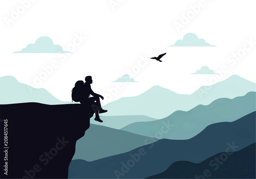 Foto Vector flat design illustration of a lone hiker sitting on a cliff edge overlook