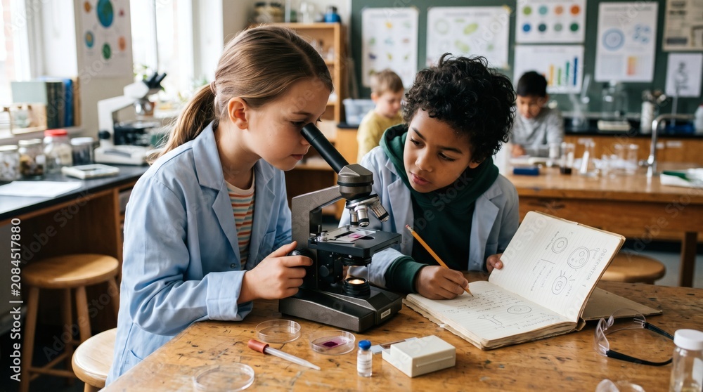 Fototapeta premium Diverse elementary school students in lab coats conduct science experiment with microscope and notebook