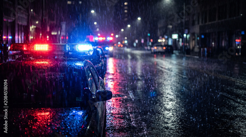 Police Car Emergency Lights Flashing on Rainy City Street at Night