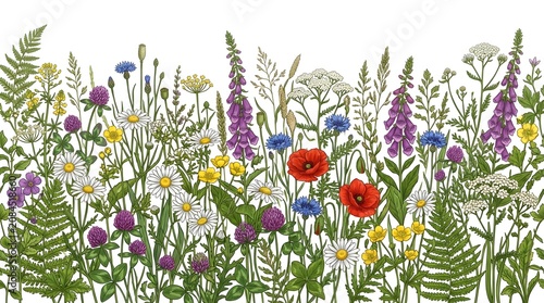 Colorful wildflower meadow with butterflies and insects.
