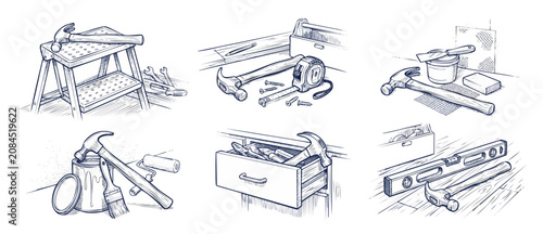Hand tools line art illustration collection depicting carpentry, painting, home renovation, and DIY workshop scenes with hammer, tape measure, paint brush, and level tool sketch drawings.