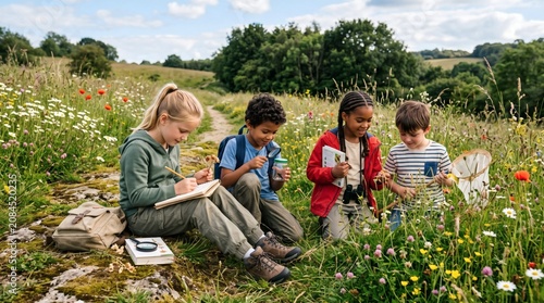 Diverse group of children engaged in outdoor nature study with magnifying glass and butterfly net