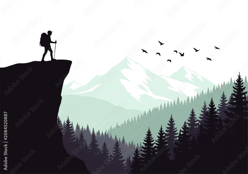 Fototapeta premium Vector flat design illustration of a lone hiker standing on a cliff edge overlooking a vast mountain landscape