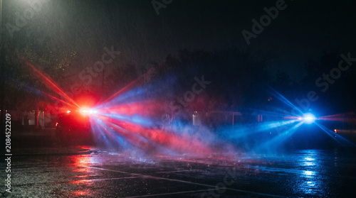 Police Car Red and Blue Flashing Lights in Night Fog on Wet Street