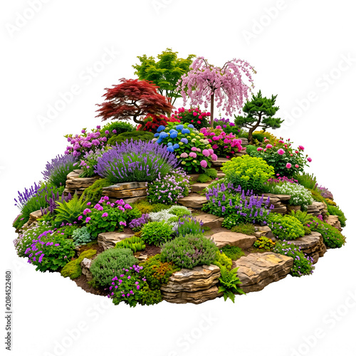 Lush Alpine Rock Garden Featuring Colorful Flowering Perennials and Ornamental Trees on Stone Tiered Landscaping Isolated on White Background