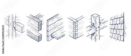 Fotografie Wood joints carpentry connection diagrams illustrating dovetail, mortise tenon,