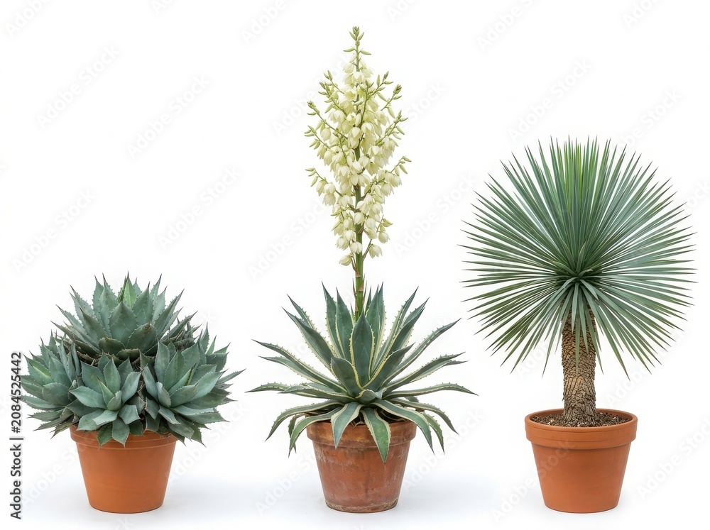 Fototapeta premium Three different decorative potted succulent plants and a tall blooming agave flower in small brown clay garden flower pots isolated on white background