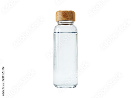 Clear glass water bottle with a natural wooden cap isolated on a white background, for eco friendly, hydration and healthy, lifestyle concepts