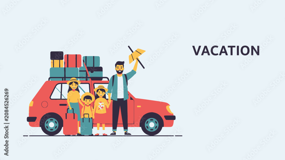 Fototapeta premium Family on road trip vacation with car and luggage excited