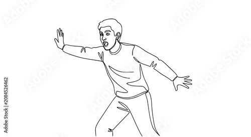 Картината върху платно Startled man holding hand up, surprised expression, single line drawing, isolate