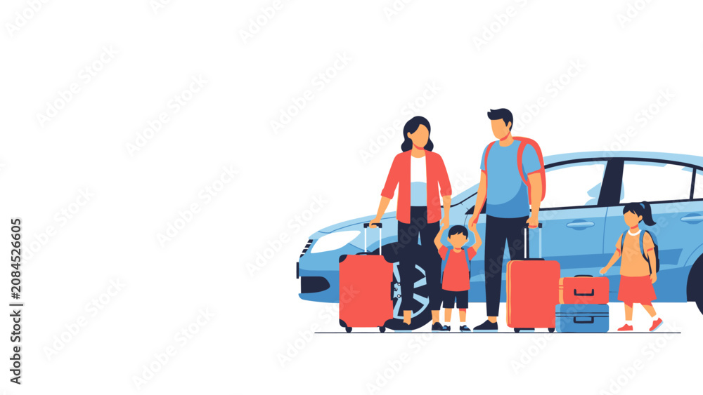 Naklejka premium Family with luggage standing next to a blue car