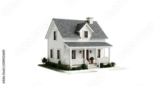 Miniature white house model with a front porch and a grey roof on a square patch of green grass isolated on a plain white studio background view