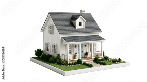 Miniature white house model with a front porch and grey roof on a square patch of green grass isolated on a plain white studio background view