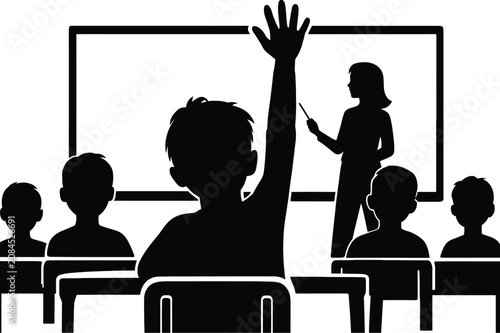 Student raising hand in classroom with teacher