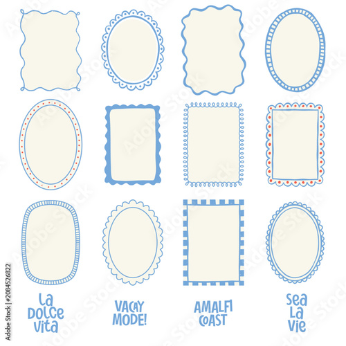modern, hand-drawn summer frames in red and blue, Amalfi Coast, Italian summer, la dolce vita, Mediterranean Frames