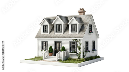 Miniature white house model with three dormer windows and a grey roof on a square patch of green grass isolated on a plain white studio background