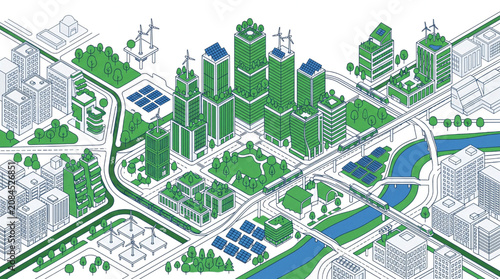 Modern eco friendly cityscape with green buildings and renewable energy sources.