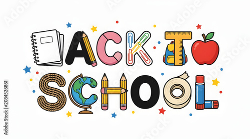 Colorful back to school illustration with educational icons and confetti