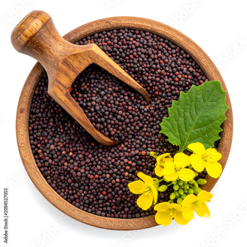 Top view of wooden bowl and scoop of black mustard seed on white background