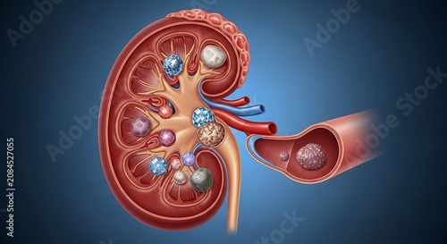Detailed Medical Kidney Cross Section Showing Multiple Stones on Blue Background