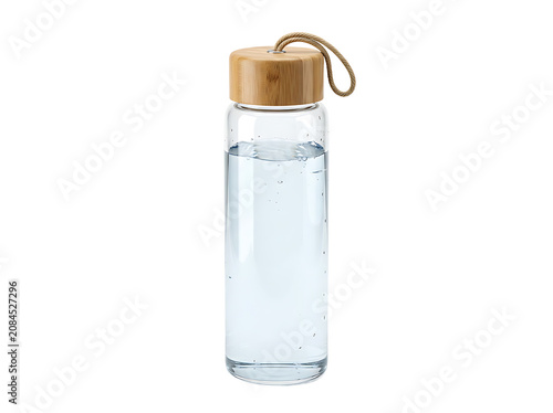Transparent glass water bottle with a bamboo lid and a small carrying loop isolated on a white background, for sustainable living concepts
