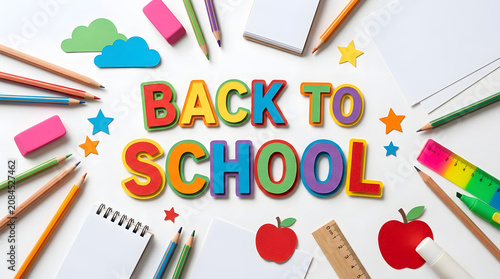 Colorful school supplies surround Back to School text on table