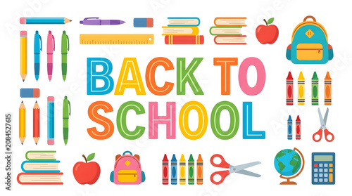 Colorful back to school illustration with educational icons and supplies