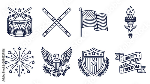 American Patriotic Symbols Icons Set for Fourth of July Celebration